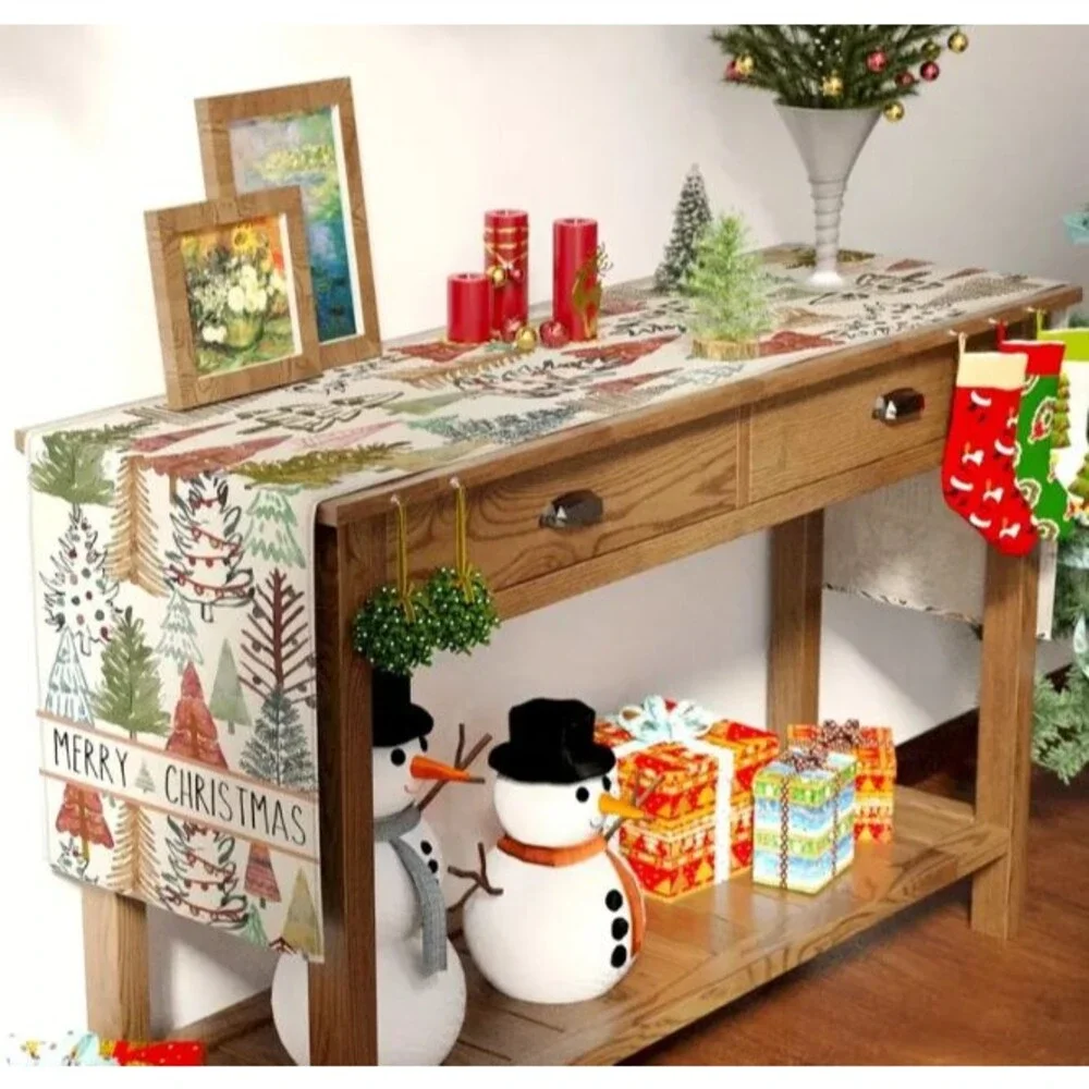 Christmas Table Runner 13x72in Polyester off white with Christmas Trees New